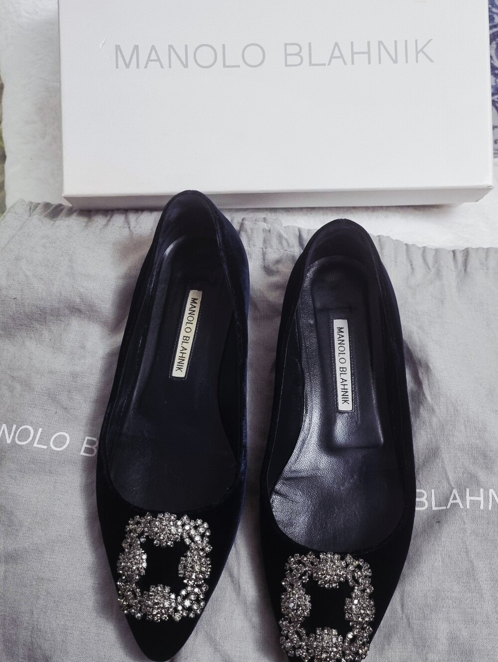 Manolo Blahnik Black Velvet Jeweled Pointed Flats